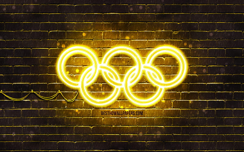 Yellow Olympic Rings yellow brickwall, Olympic rings sign, olympic symbols, Neon Olympic rings, Olympic rings, HD wallpaper