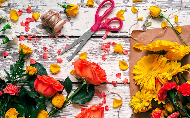Floristry, flowers, roses, scissors, red roses, florist, HD wallpaper