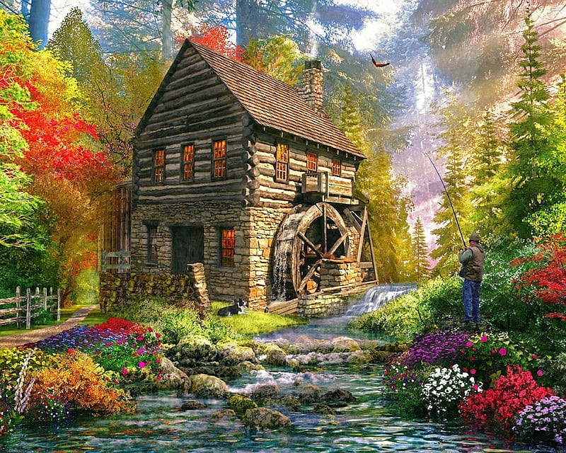 Mill Cottage, water, waterwheel, mill, cottage, flowers, river, dog, fishing, HD wallpaper