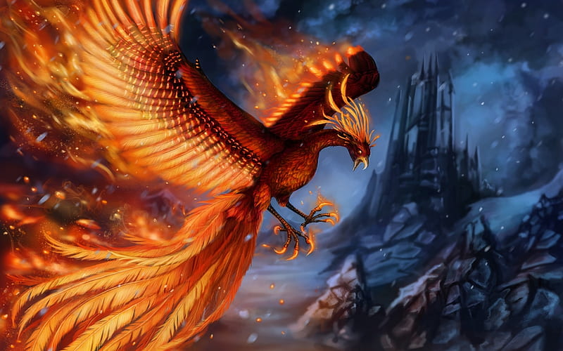 Phoenix, fire, fantasy, luminos, bird, pasare, castle, blue, HD wallpaper |  Peakpx