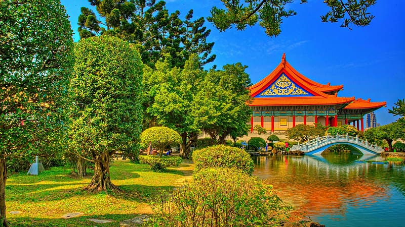 Taipei, Chiang Kai-shek Memorial, Taiwan, bridge, trees, building, landscape, pond, park, HD wallpaper