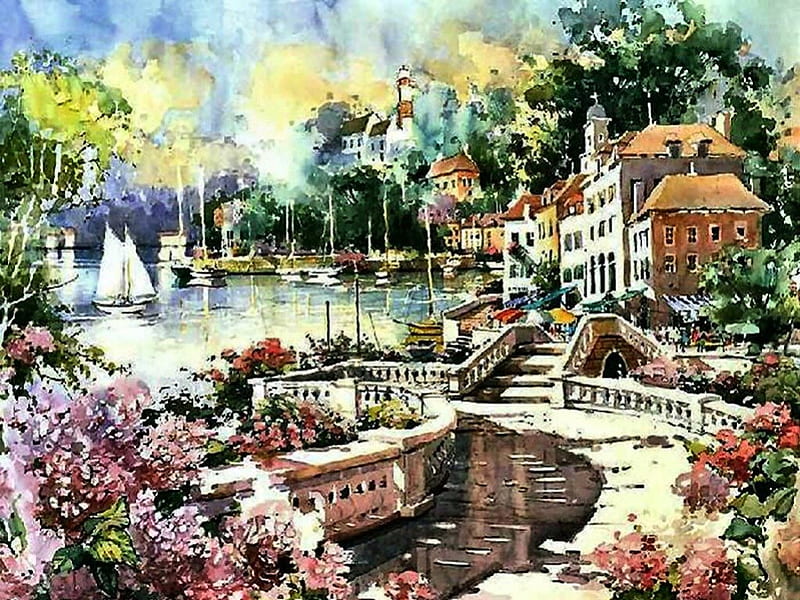 Coastal Town or Village F1, art, cityscape, town, artwork, painting, village, scenery, sailboat, harbor, coast, HD wallpaper