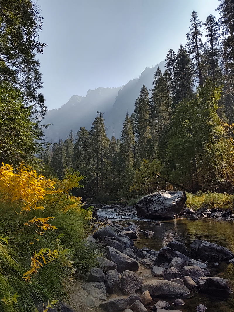 river, mountains, trees, stones, landscape, HD phone wallpaper