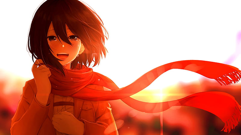 Attack On Titan Mikasa Ackerman Standing On Side With Red Scarf With Background Of White And Sun Rays Anime, HD wallpaper