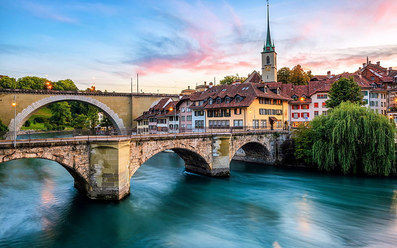 Nydeggbrucke, Bern, evening, sunset, Bern cityscape, stone bridge, Switzerland, HD wallpaper