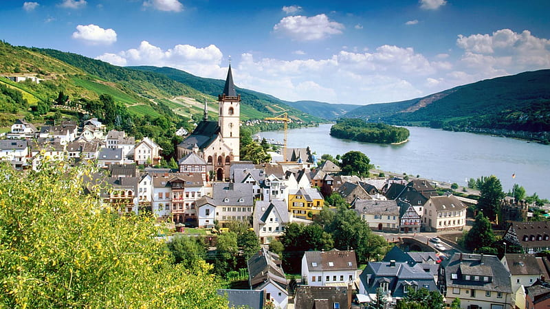River Rhine, Germany, Buildings, Town, Architecture, Grass, River, Hills, HD wallpaper