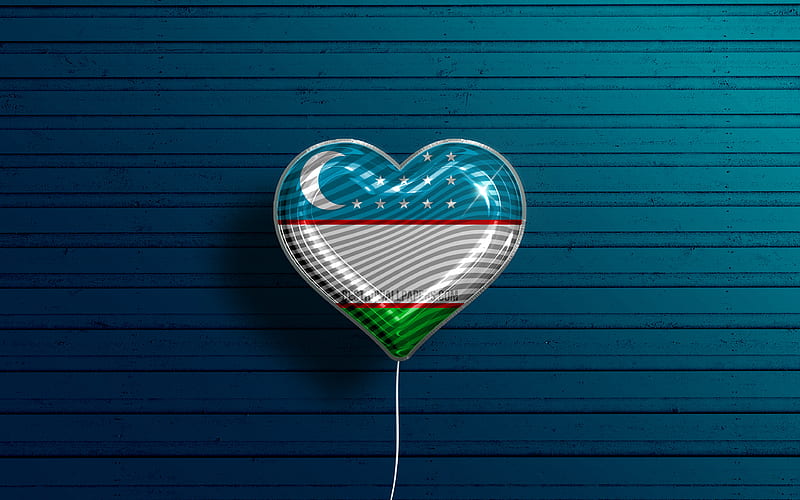 I Love Uzbekistan realistic balloons, green wooden background, Asian countries, Uzbek flag heart, favorite countries, flag of Uzbekistan, balloon with flag, Uzbek flag, Uzbekistan, Love Uzbekistan, HD wallpaper