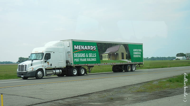 Menards Semi Truck, semi truck, way, transport, Menards, lorry, green, lorries, trucks, truck, road, HD wallpaper