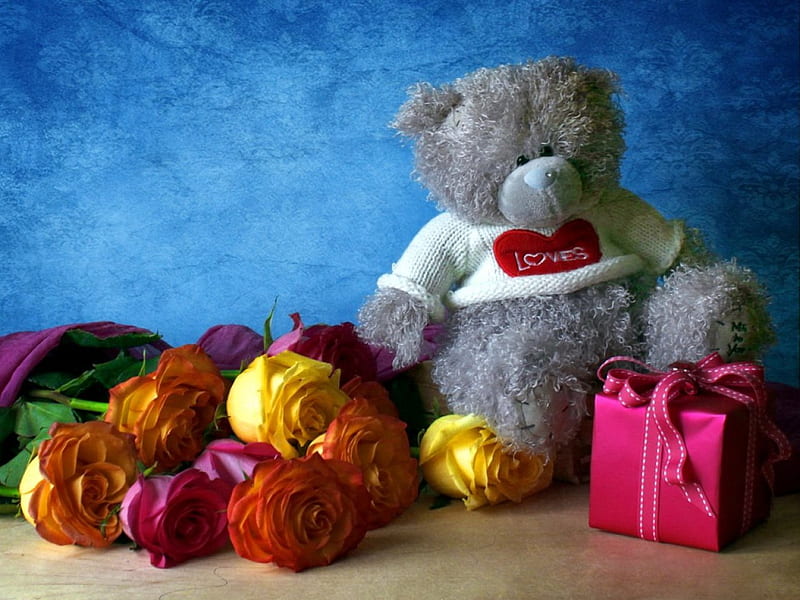 With love, colorful, bear, adorable, fragrance, sweet, nice, love, present, lovely, romantic, romance, scent, gift, roses, cute, bouquet, teddy bear, HD wallpaper