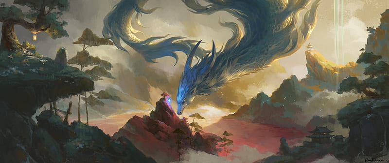 Dragon, blue, art, fantasy, luminos, dandan lu, man, HD wallpaper | Peakpx