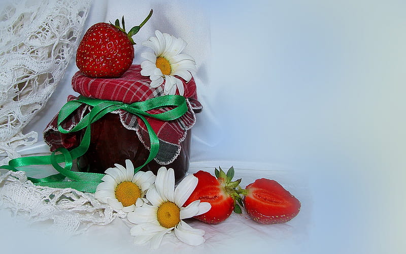 ❤️, Strawberries, Bouquet, Jam, Chamomile, HD wallpaper