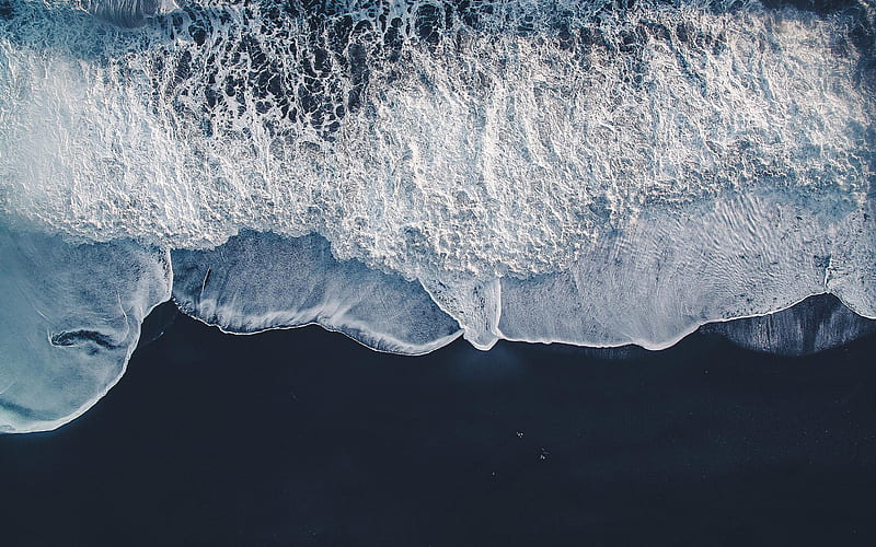 ocean coast, black sand, aerial view, waves, ocean waves, HD wallpaper