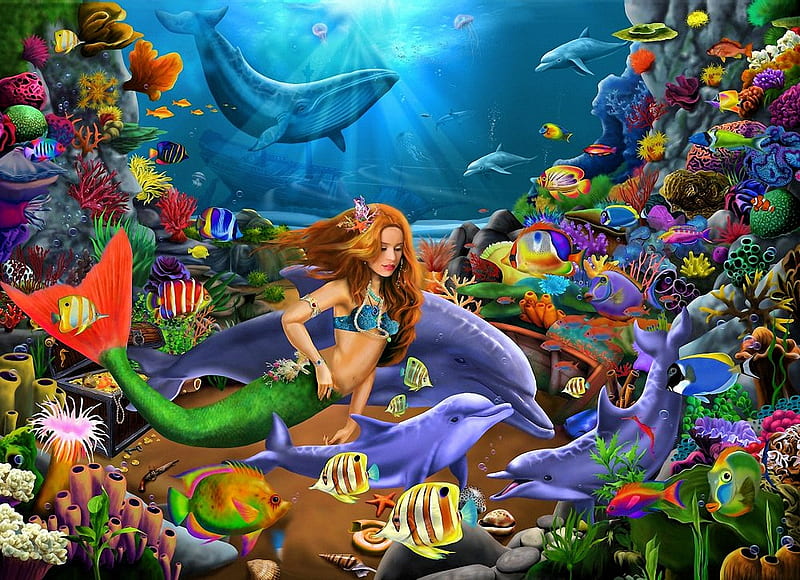 Treasures of the Ocean, corals, underwater, dolphins, fish, digital, mermaid, artwork, HD wallpaper