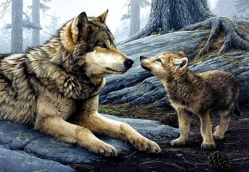 Wolf And Pup, rocks, pup, wolf, trees, HD wallpaper