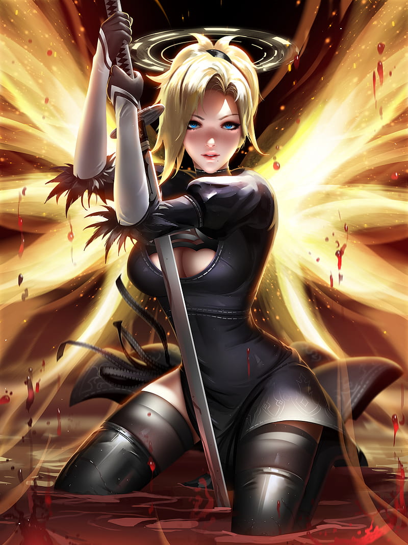 Mercy (Overwatch), Overwatch, video game girls, video game characters, women, blonde, fantasy girl, ponytail, blue eyes, freckles, portrait, vertical, costumes, crossover, wings, fantasy art, dress, black dress, thigh-highs, kneeling, blood, katana, weapon, sparks, artwork, drawing, illustration, fan art, Liang Xing, Liang-Xing, HD phone wallpaper
