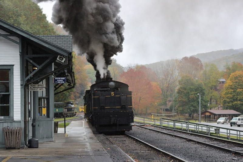 Pulling Out of the Station, Steam engine, Mountains, train, Autumn, West Virginia, HD wallpaper