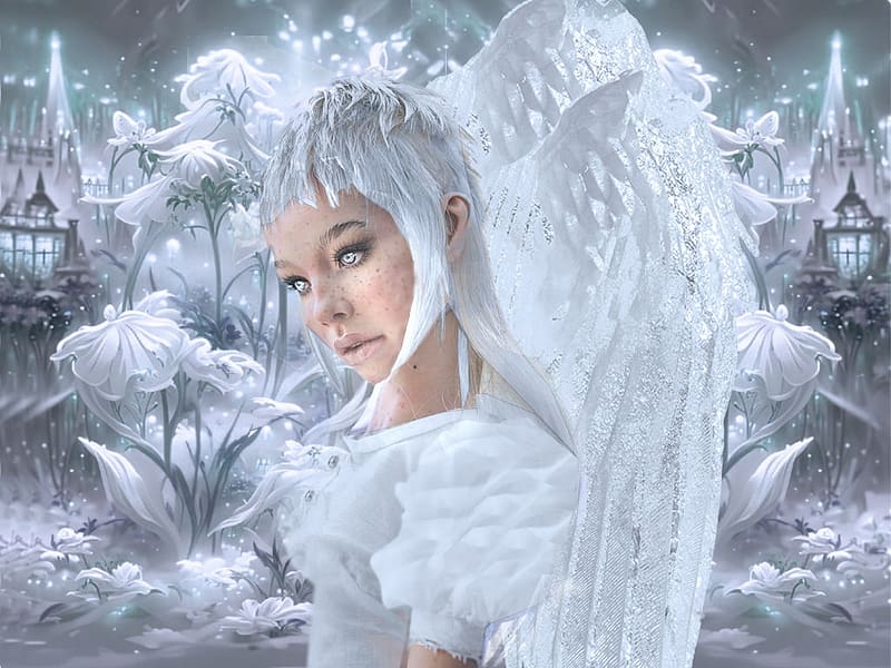 Angelicly Radiant Angel In White, wings, white, gray, soft, angel, blue tint, girl, lovely, heavenly, HD wallpaper