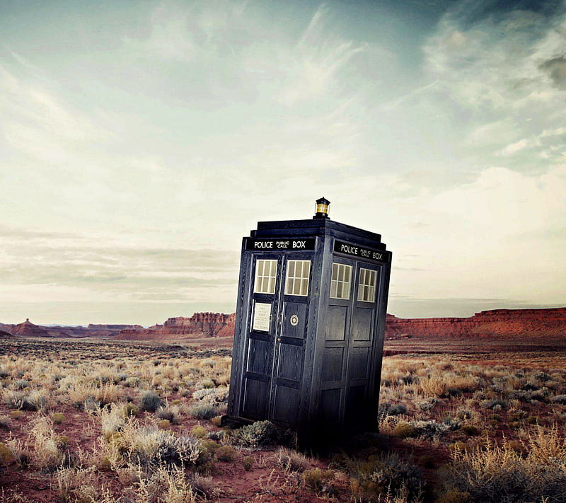 doctor who, bbc, blue, box, britain, desert, doctor, police, sky, time, who, HD wallpaper