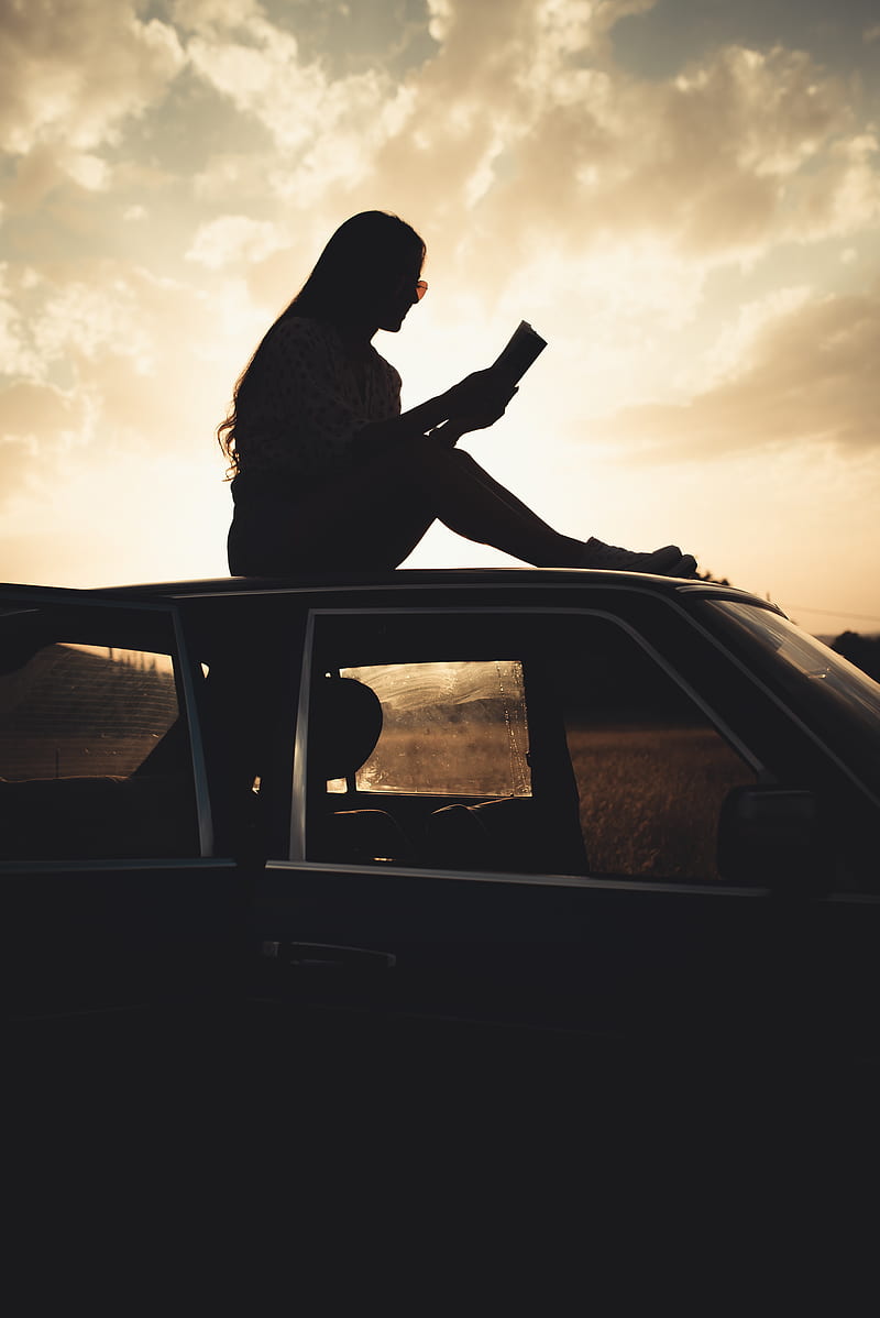 girl, reading, books, silhouette, car, HD phone wallpaper