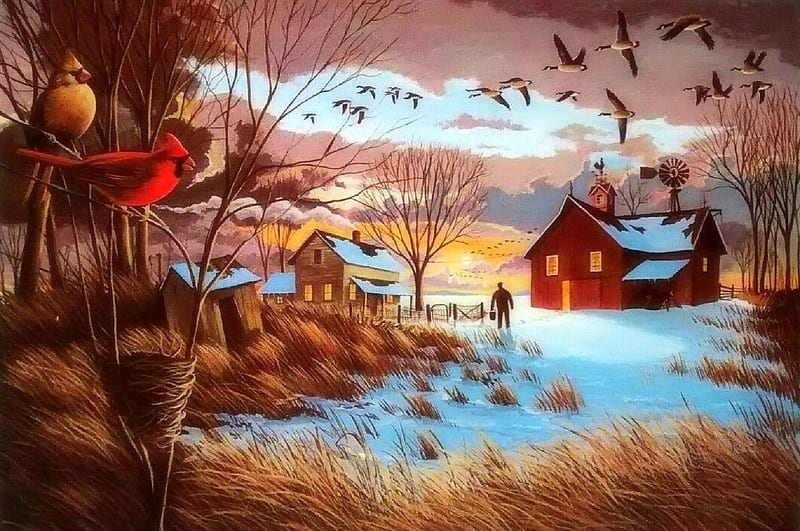 TWILIGHT CARDINALS, villages, houses, love four seasons, birds, attractions in dreams, winter, cardinals, countryside, paintings, snow, sunsets, nature, barns, HD wallpaper