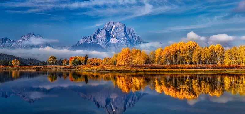 Snake River In Autumn - Panorama, forest, autumn, golden, trees, clouds, beautiful landscape, Wyoming, mountains, river, reflection, Grand Teton National Park, blue, HD wallpaper