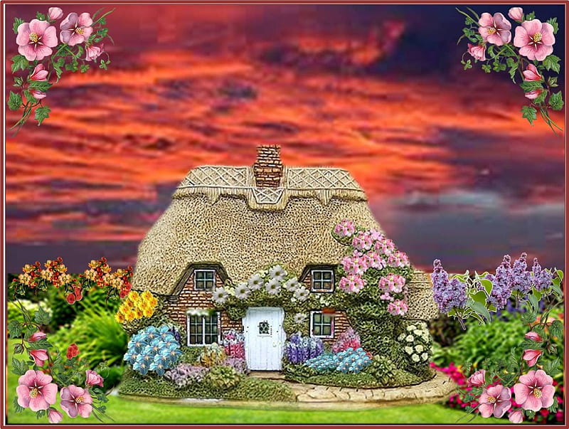 COUNTRY SUNSET., flowers, sunset, cottage, thatch, HD wallpaper
