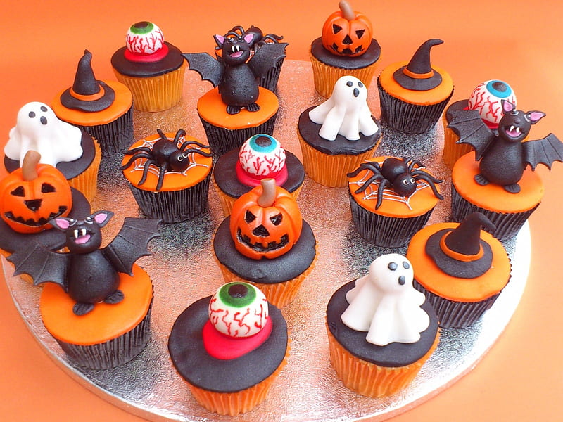 Halloween cupcakes, cupcake, ghost, food, orange, halloween, dessert, sweet, HD wallpaper