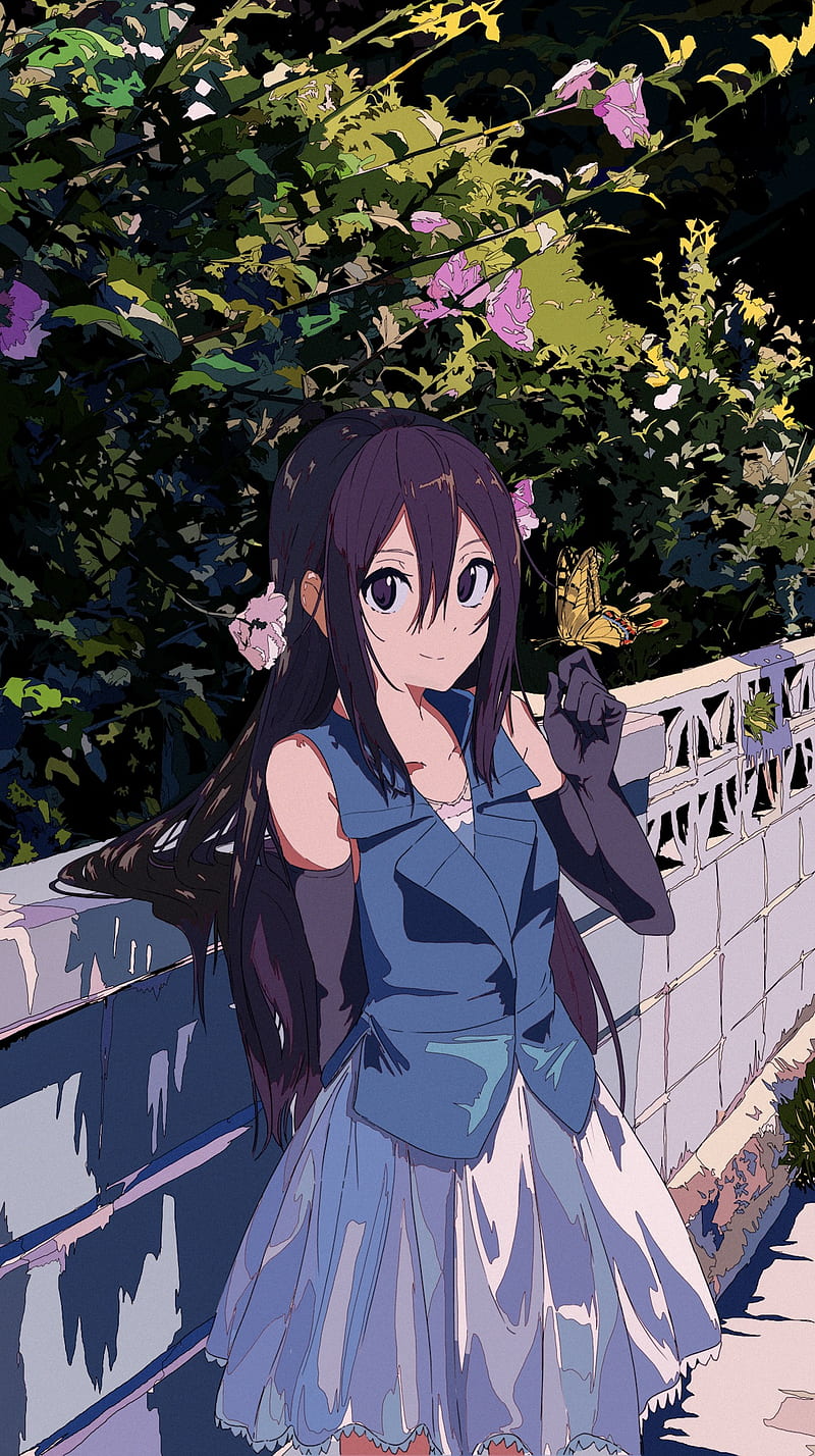 anime, anime girls, purple hair, purple eyes, butterfly, plants, HD phone wallpaper
