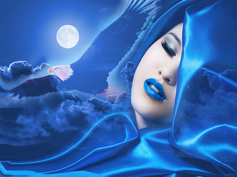 Moonlight, moon, female, dreaming, eagle, bonito, blue, HD wallpaper