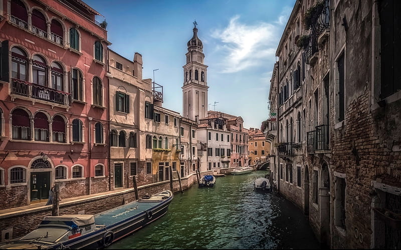 Venice, canal, italian cities, boats, summer, Italy, Europe, venetian canals, italian landmarks, HD wallpaper