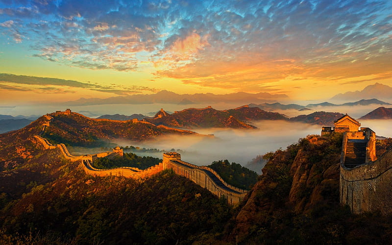 The Golden Mountain Great Wall In Jinshanling, China, sky, mist, landscape, mountains, colors, HD wallpaper