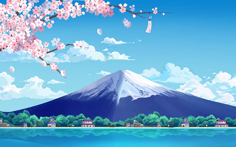 Japan Fuji Mountains Cherry Blossoms Lake Design, HD wallpaper