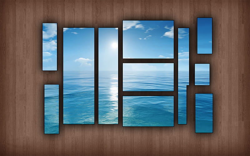 puzzled ocean view, paneled wall, frames, wood, ocean, HD wallpaper