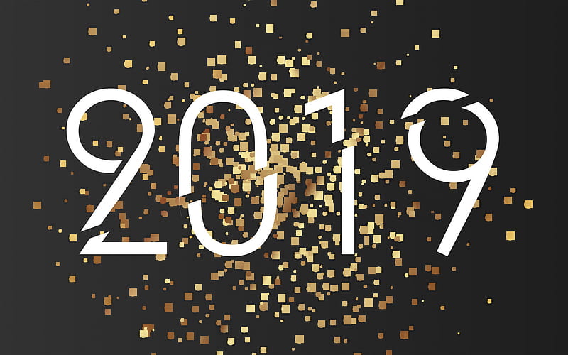 2019 year, gold numbers, glittering style, gray background, gold, 2019 concepts, New Year, HD wallpaper