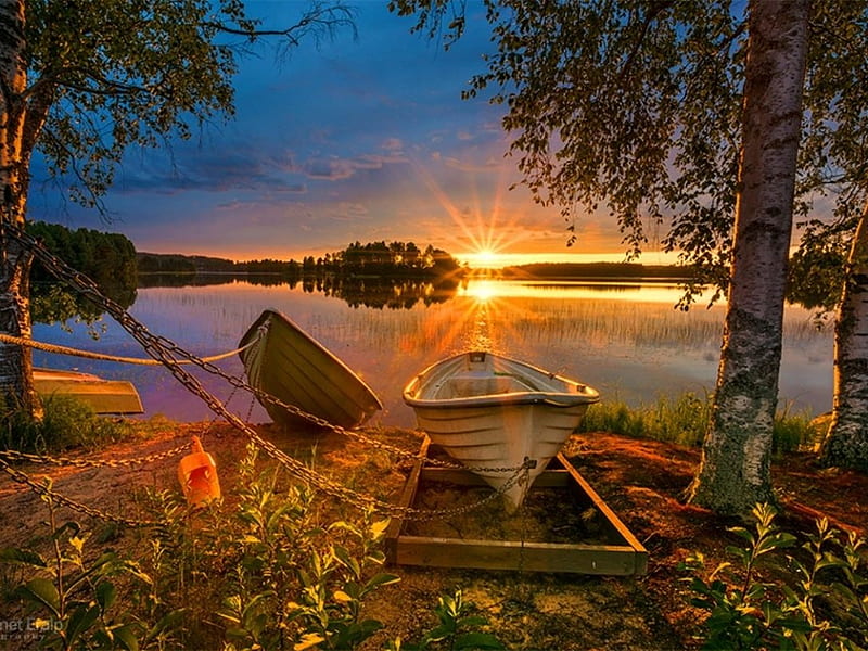 Sometimes Sun Shines Through the Rain, shore, boats, shine, nature, sunset, trees, lake, HD wallpaper