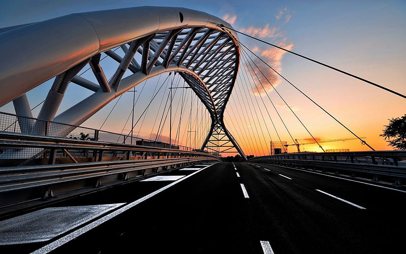 beautiful modern blacktop bridge, modern, blacktop, arch, bridge, sunset, HD wallpaper