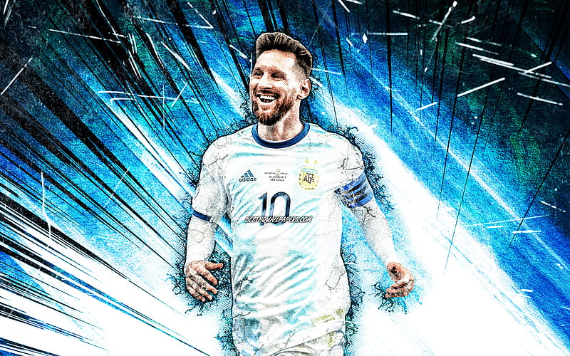 Lionel Messi, grunge art, Argentina national football team, football stars, blue abstract rays, Leo Messi, soccer, Messi, Argentine National Team, HD wallpaper