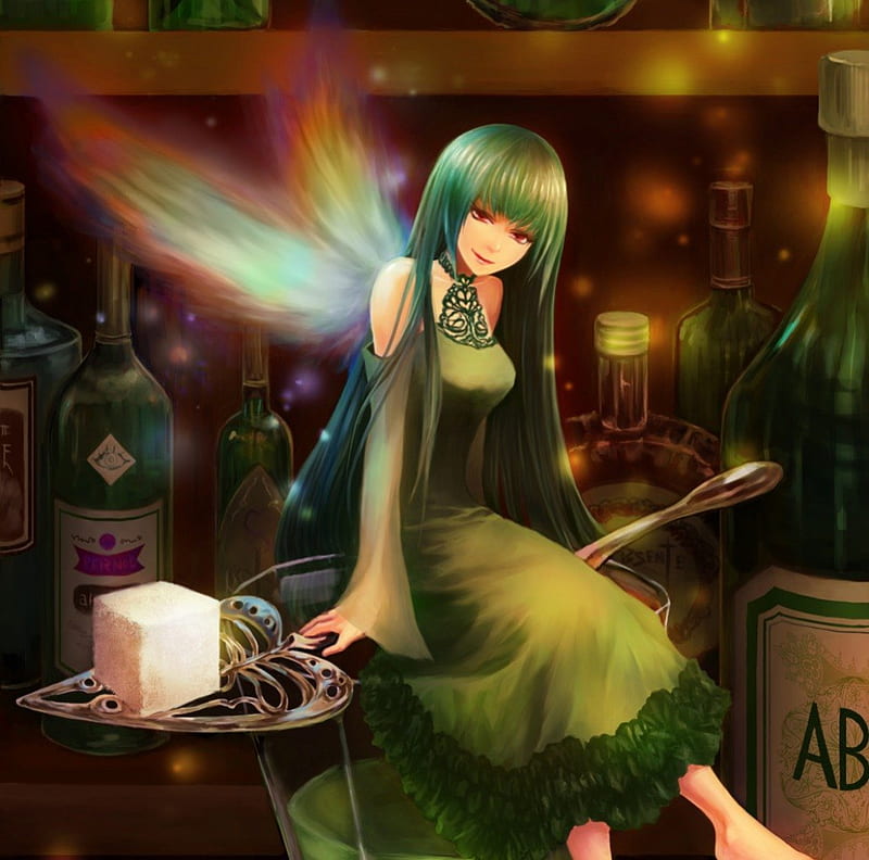 Green Fairy, pretty, dress, glow, bottle, sparks, bonito, wing, elegant, sweet, nice, anime, hot, beauty, anime girl, long hair, gorgeous, fairy, female, wings, lovely, gown, sexy, cute, girl, fantasy girl, green hair, HD wallpaper