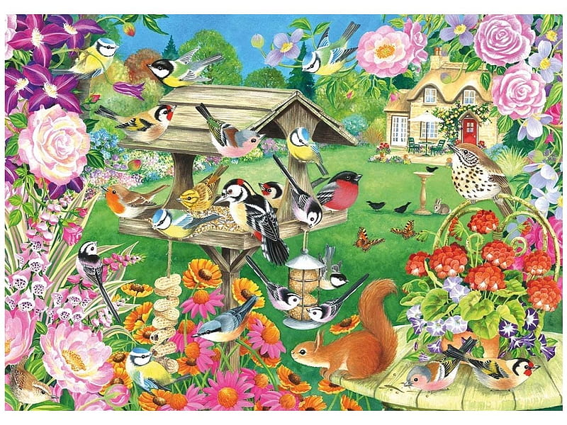 Summer Garden, birds, birdbath, floral, animals, art, HD wallpaper