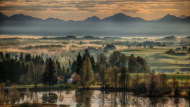 gorgeous rural scene in bavaria at dawn, pond, dawn, farms, fields, trees, fog, HD wallpaper