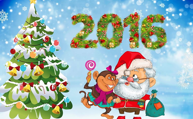 Happy New Year!, red, 2016, craciun, chinese zodiac, christmas, new year, card, monkey, tree, santa, white, blue, HD wallpaper