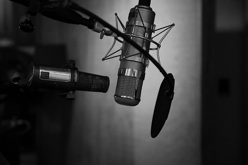 grayscale graphy of condenser microphone with pop filter, HD wallpaper