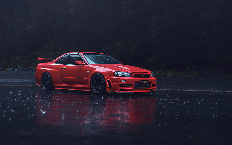 Nissan Skyline R34 GT-R, red sports coupe, black wheels, red Nissan Skyline, R34, japanese sports cars, Nissan, HD wallpaper