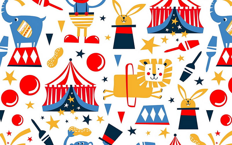Texture, pattern, red, colorful, tent, yellow, lion, hat, circus, bunny, paper, white, blue, HD wallpaper