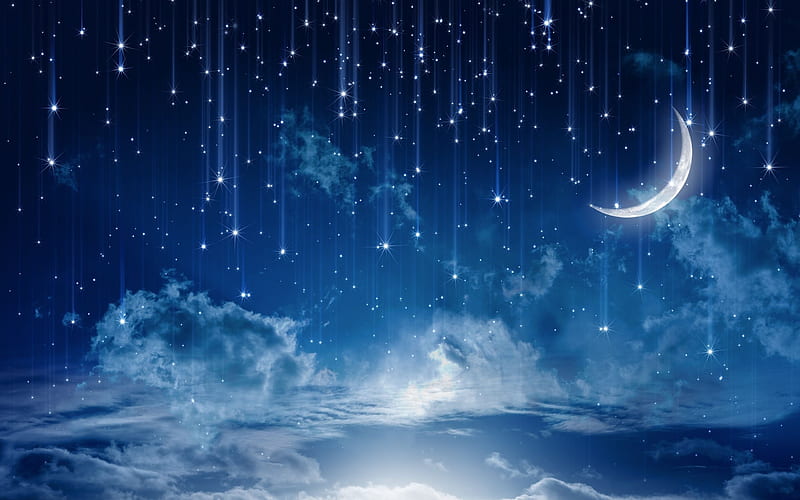 Moon and Stars, stars, Moon, clouds, sky, night, HD wallpaper