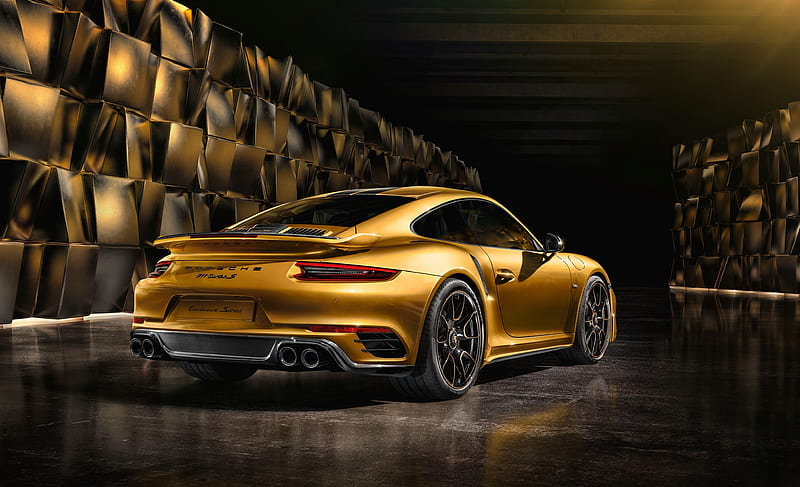 Porsche 911 Turbo S, 2017, gold sports coupe, black wheels, tuning, German cars, Porsche, HD wallpaper