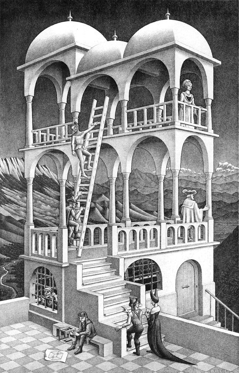 artwork, optical illusion, M. C. Escher, monochrome, portrait display, lithograph, people, building, stairs, ladders, cube, mountains, arch, HD phone wallpaper