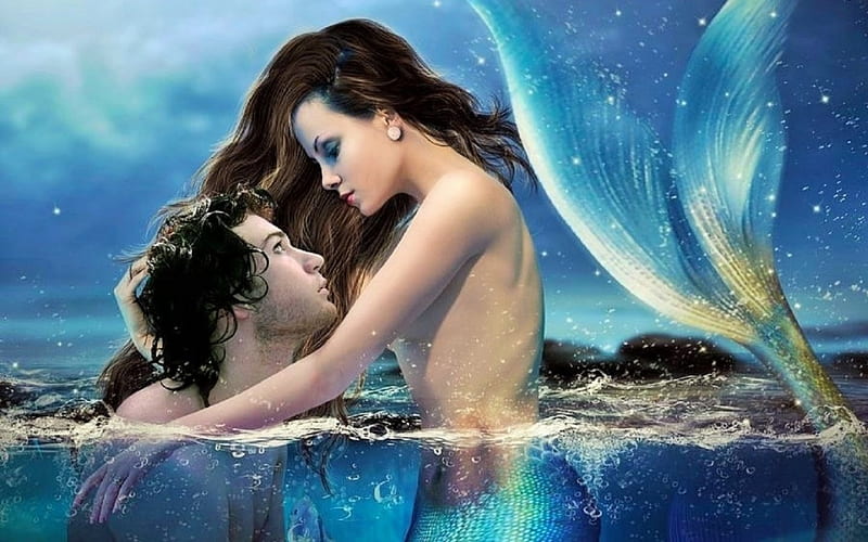 Between Two Worlds, fantasy, water, love, mermaids, man, blue, HD wallpaper