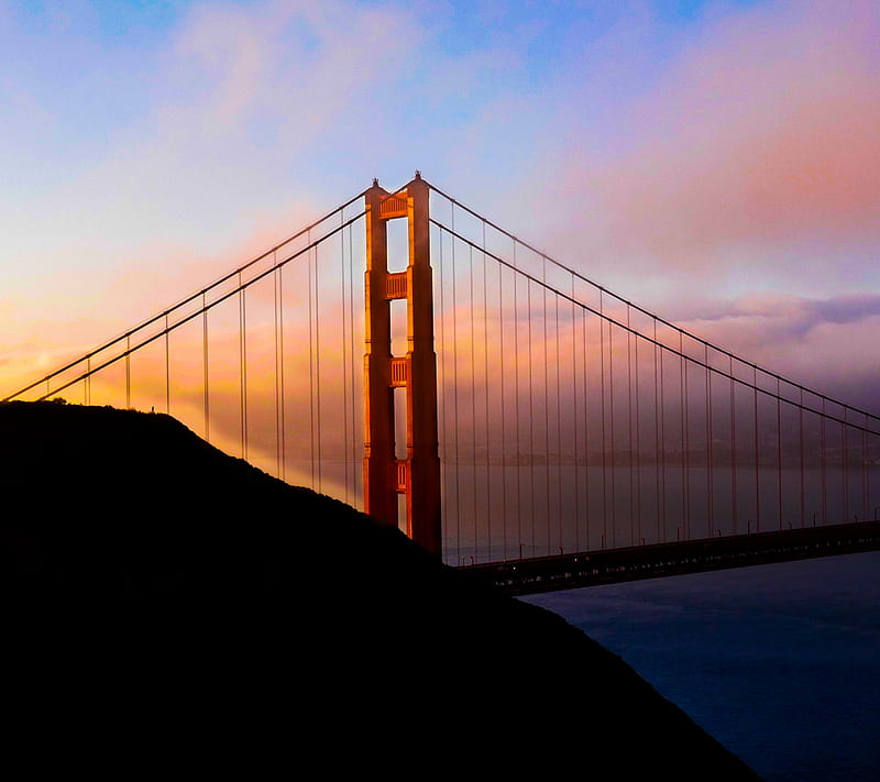 Golden Gate early, bonito, blue, bridge, building, california, city, clouds, color, colorful, fog, gold, goldengate, goldengatebridge, hill, landscape, nature, norcal, ocean, orange, sanfransico, sf, sunrise, sunset, tree, water, HD wallpaper
