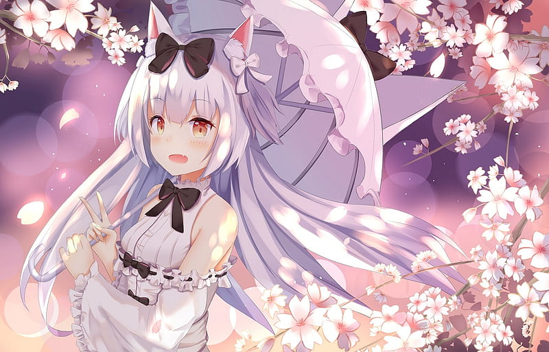 yukikaze, azur lane, cat girl, umbrella, cute, sakura blossom, Anime, HD wallpaper